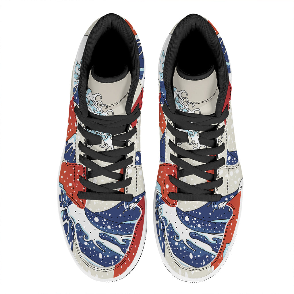 Ancient Great Japanese Wave Print High Top Leather Sneakers