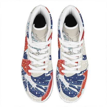 Ancient Great Japanese Wave Print High Top Leather Sneakers