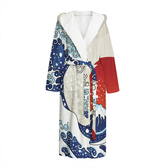 Ancient Great Japanese Wave Print Hooded Bathrobe