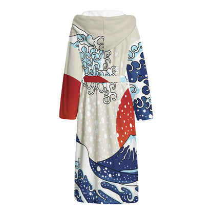 Ancient Great Japanese Wave Print Hooded Bathrobe