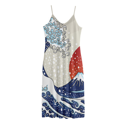 Ancient Great Japanese Wave Print Jersey Midi Cami Dress