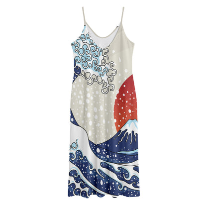 Ancient Great Japanese Wave Print Jersey Midi Cami Dress
