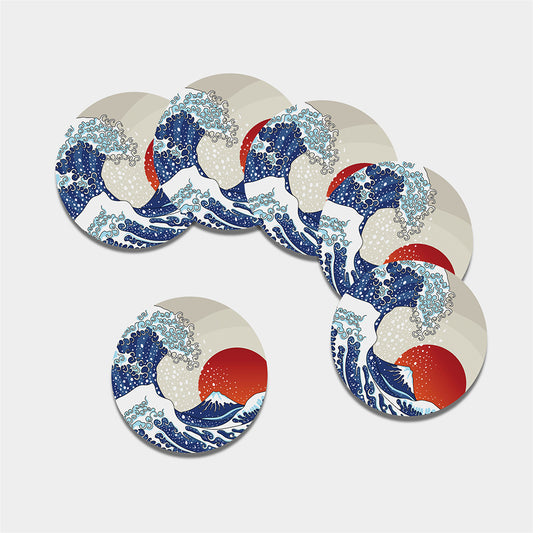 Ancient Great Japanese Wave Print Leather Coaster Set