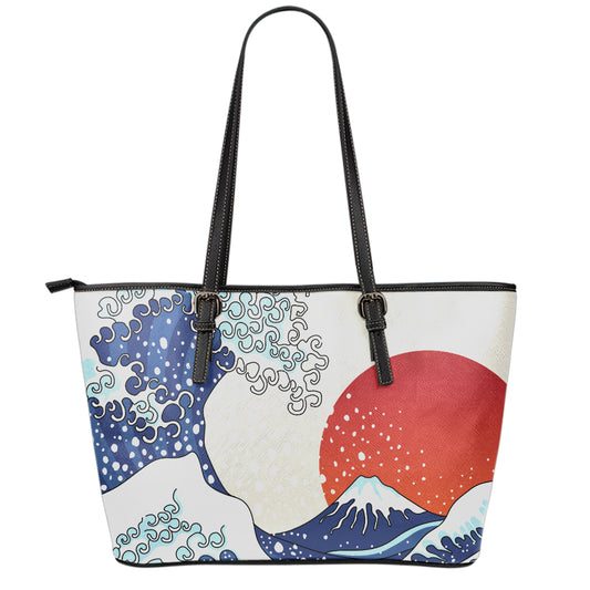 Ancient Great Japanese Wave Print Leather Tote Bag