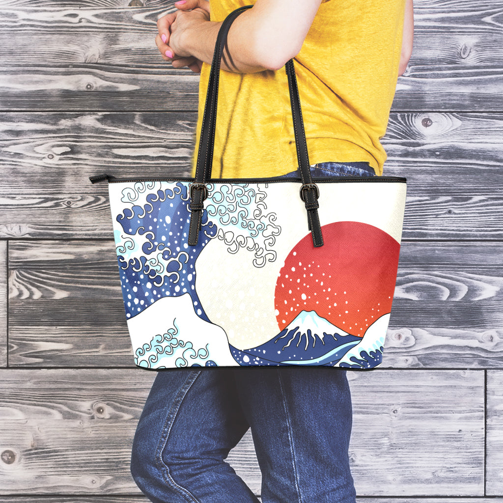 Ancient Great Japanese Wave Print Leather Tote Bag