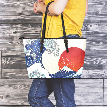 Ancient Great Japanese Wave Print Leather Tote Bag