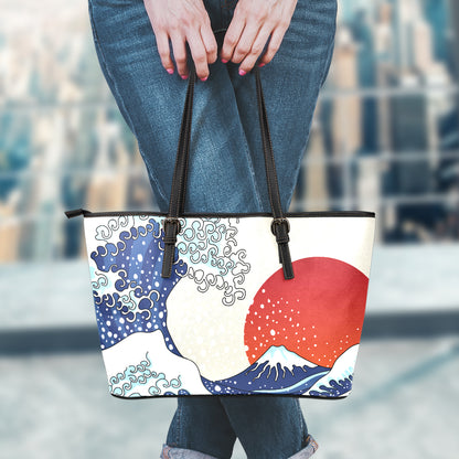 Ancient Great Japanese Wave Print Leather Tote Bag