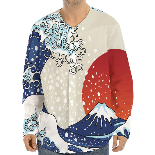 Ancient Great Japanese Wave Print Long Sleeve Baseball Jersey