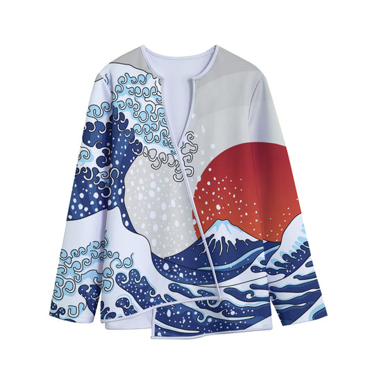 Ancient Great Japanese Wave Print Long Sleeve Short Coat