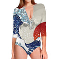 Ancient Great Japanese Wave Print Long Sleeve Swimsuit