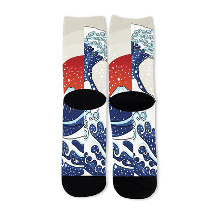 Ancient Great Japanese Wave Print Long Socks