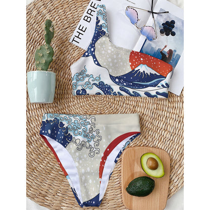 Ancient Great Japanese Wave Print One Shoulder Bikini Top