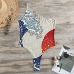 Ancient Great Japanese Wave Print One Shoulder Bodysuit