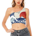 Ancient Great Japanese Wave Print One Shoulder Crop Top