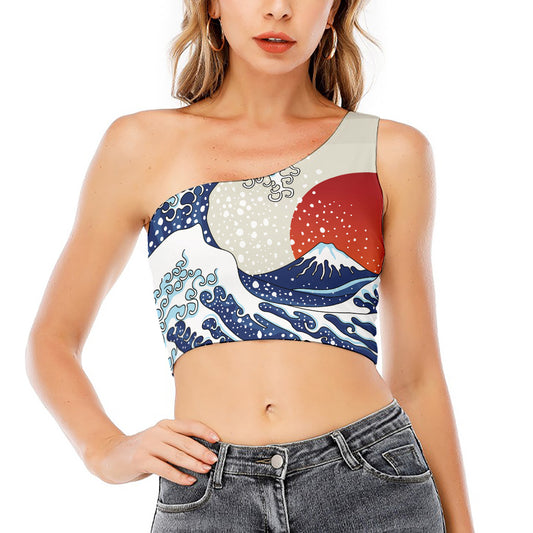 Ancient Great Japanese Wave Print One Shoulder Crop Top