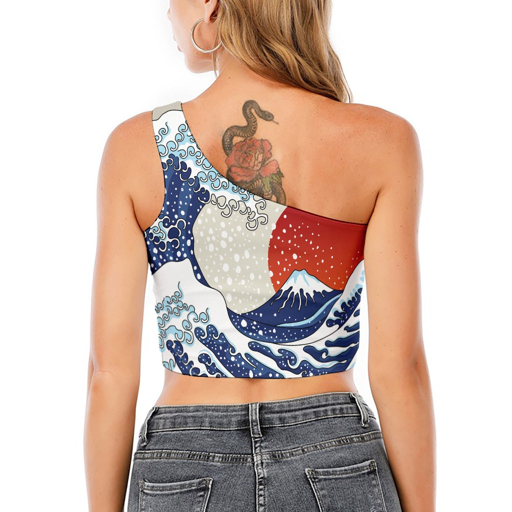 Ancient Great Japanese Wave Print One Shoulder Crop Top