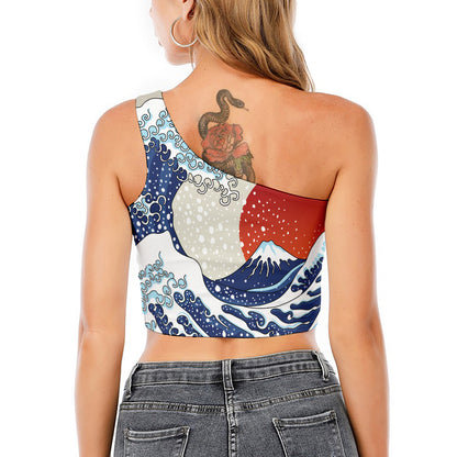Ancient Great Japanese Wave Print One Shoulder Crop Top