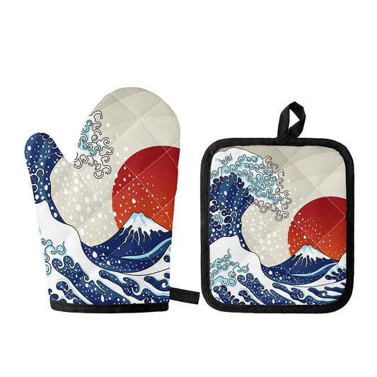 Ancient Great Japanese Wave Print Oven Mitt And Pot Holder Set