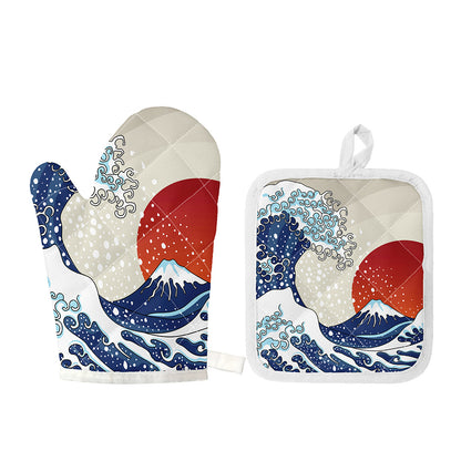 Ancient Great Japanese Wave Print Oven Mitt And Pot Holder Set