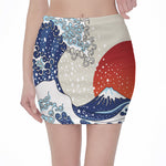 Ancient Great Japanese Wave Print Pencil Mini Skirt