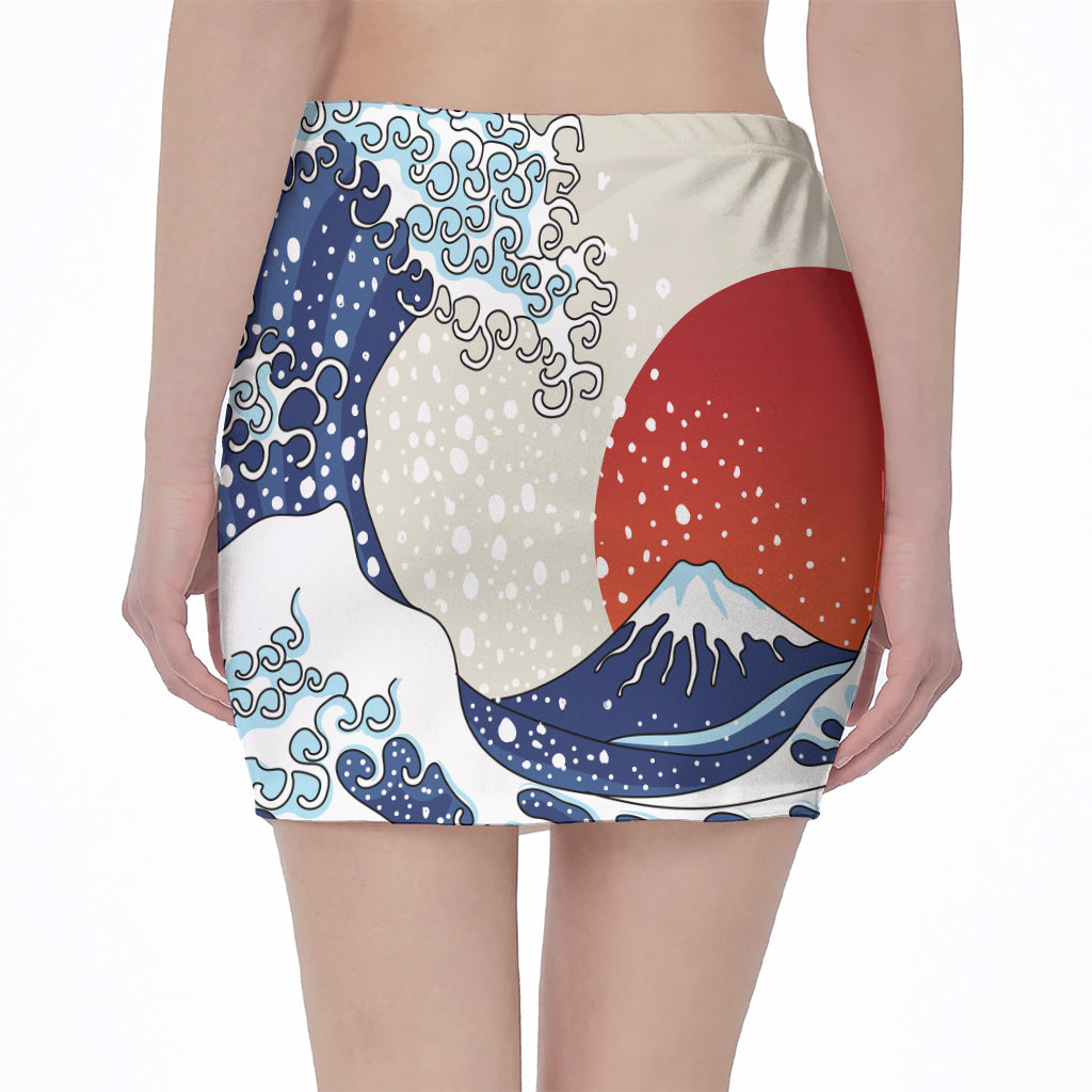 Ancient Great Japanese Wave Print Pencil Mini Skirt