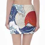 Ancient Great Japanese Wave Print Pencil Mini Skirt