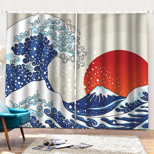 Ancient Great Japanese Wave Print Pencil Pleat Curtains
