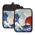 Ancient Great Japanese Wave Print Pot Holders With Pocket