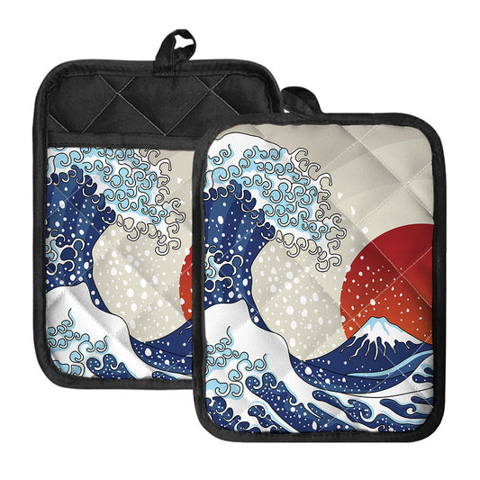 Ancient Great Japanese Wave Print Pot Holders With Pocket