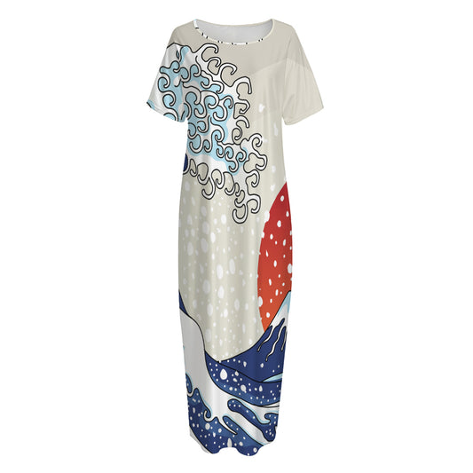 Ancient Great Japanese Wave Print Short Sleeve Long Nightdress