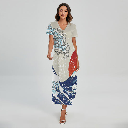 Ancient Great Japanese Wave Print Short Sleeve Maxi Dress