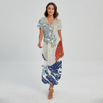 Ancient Great Japanese Wave Print Short Sleeve Maxi Dress