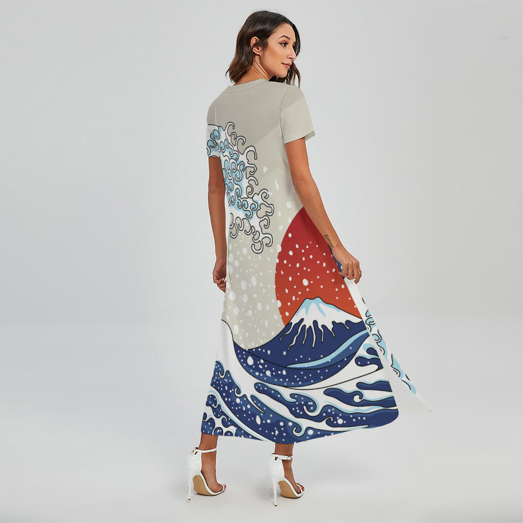 Ancient Great Japanese Wave Print Short Sleeve Maxi Dress