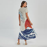 Ancient Great Japanese Wave Print Short Sleeve Maxi Dress