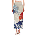 Ancient Great Japanese Wave Print Side Slit Maxi Skirt