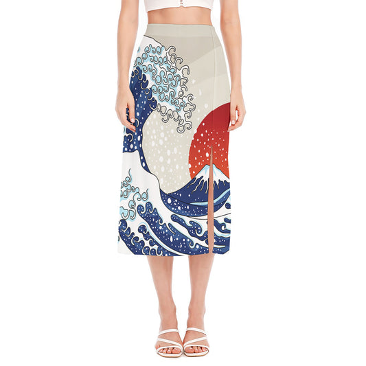 Ancient Great Japanese Wave Print Side Slit Midi Skirt