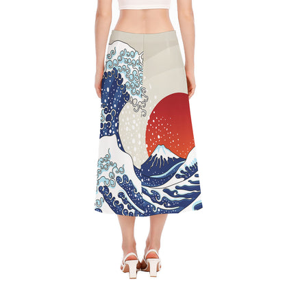 Ancient Great Japanese Wave Print Side Slit Midi Skirt