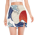 Ancient Great Japanese Wave Print Side Slit Mini Skirt