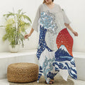Ancient Great Japanese Wave Print Silk V-Neck Kaftan Dress
