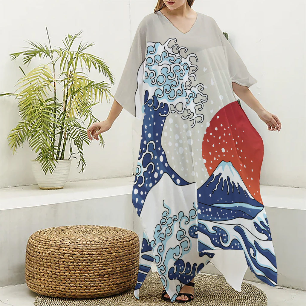 Ancient Great Japanese Wave Print Silk V-Neck Kaftan Dress