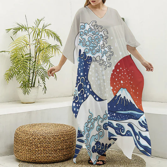 Ancient Great Japanese Wave Print Silk V-Neck Kaftan Dress