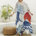 Ancient Great Japanese Wave Print Silk V-Neck Kaftan Dress