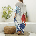 Ancient Great Japanese Wave Print Silk V-Neck Kaftan Dress