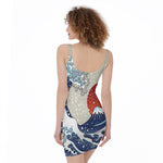 Ancient Great Japanese Wave Print Sleeveless Bodycon Dress