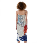 Ancient Great Japanese Wave Print Slim Fit Midi Cami Dress