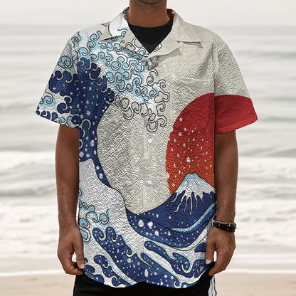 Ancient Great Japanese Wave Print Textured Short Sleeve Shirt