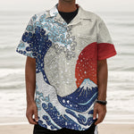 Ancient Great Japanese Wave Print Textured Short Sleeve Shirt