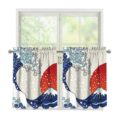 Ancient Great Japanese Wave Print Tier Curtains