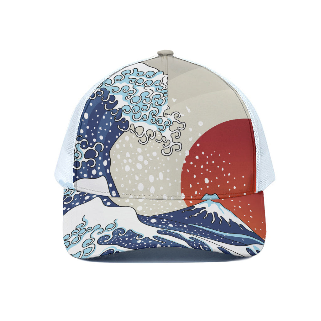 Ancient Great Japanese Wave Print White Mesh Trucker Cap