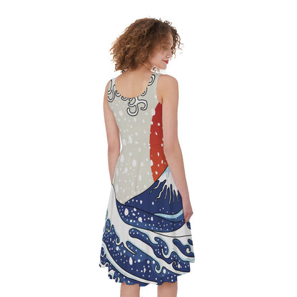 Ancient Great Japanese Wave Print Women's Sleeveless Dress